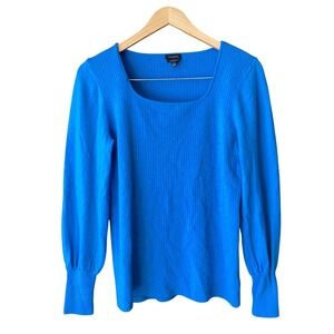 Talbots Pure Merino Wool Sweater Blue Size Large Square Neck Ribbed Long Sleeve